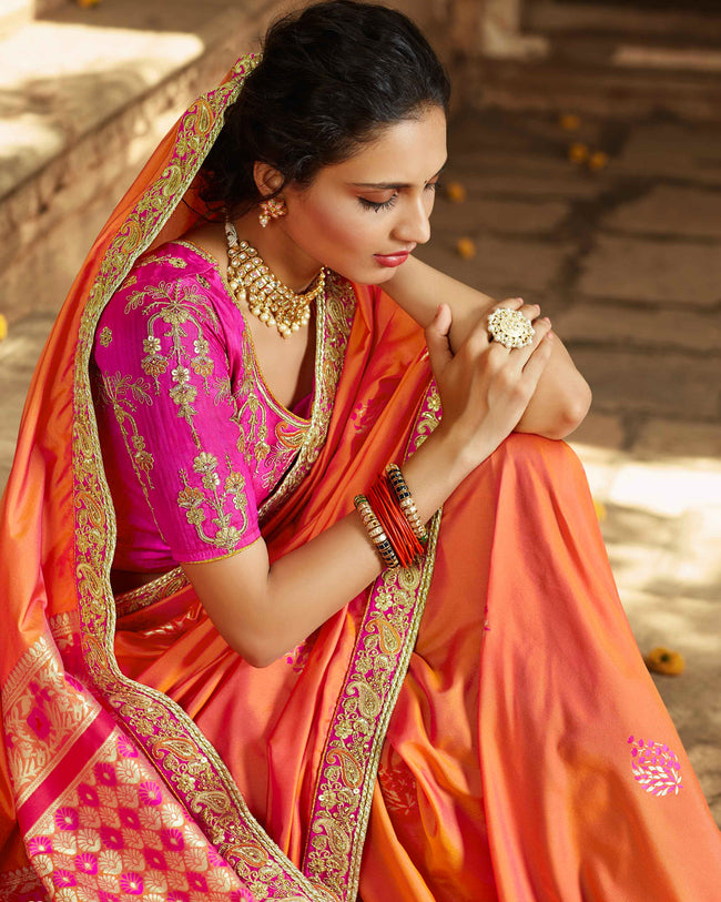 Peach Banarasi Gold & Silver Zari Gharchola Cutwork Brocade Handwoven Katan  Silk Saree - By HolyWeaves, Benares